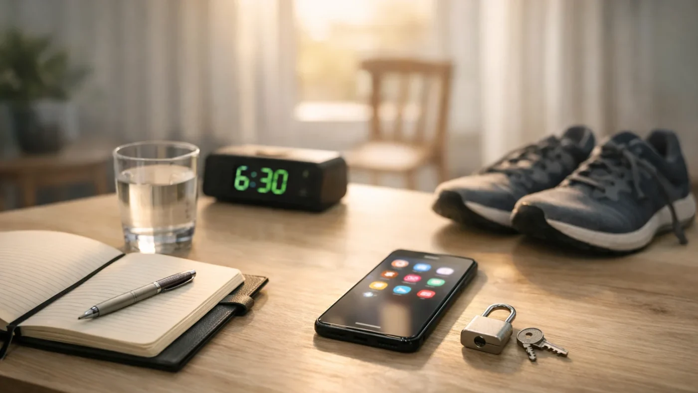 Méthodes concrètes pour rester chaste : carnet, verre d’eau, réveil, smartphone et chaussures de sport sur une table, ambiance matin.