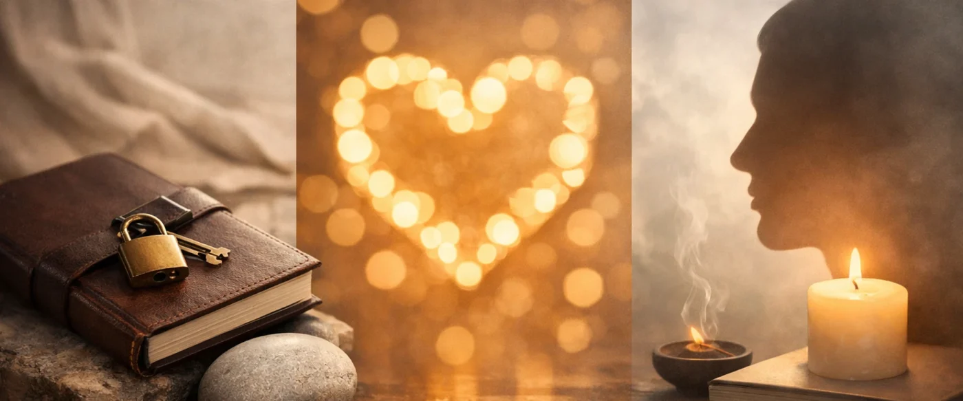 Illustration des trois formes de chasteté : corps, cœur et esprit, symbolisées par un carnet verrouillé, une lumière en forme de cœur et une ambiance méditative.