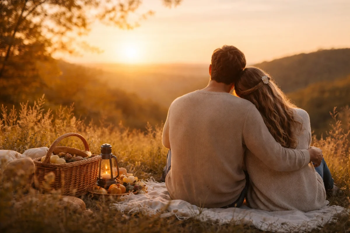 Couple assis au coucher du soleil, ambiance calme et intime illustrant le fait de vivre dans la chasteté