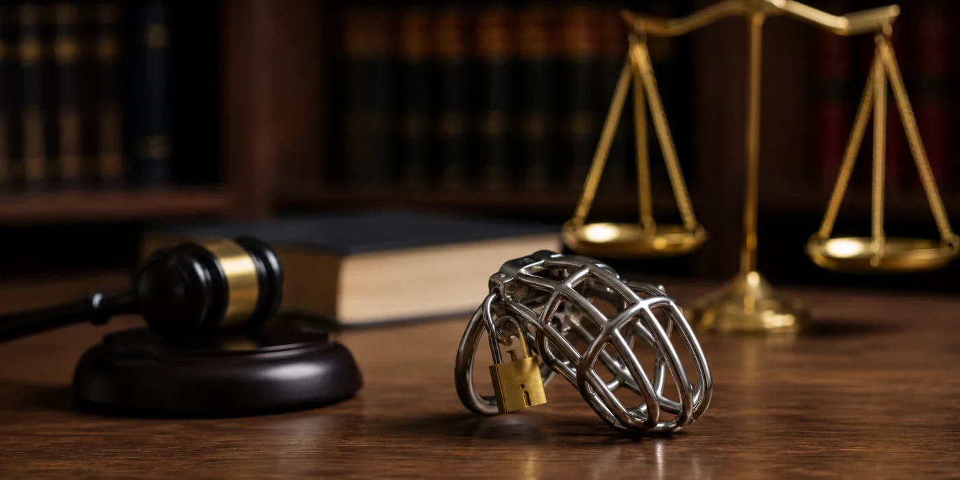 Cage de chasteté métallique devant un marteau de juge et une balance de justice en France