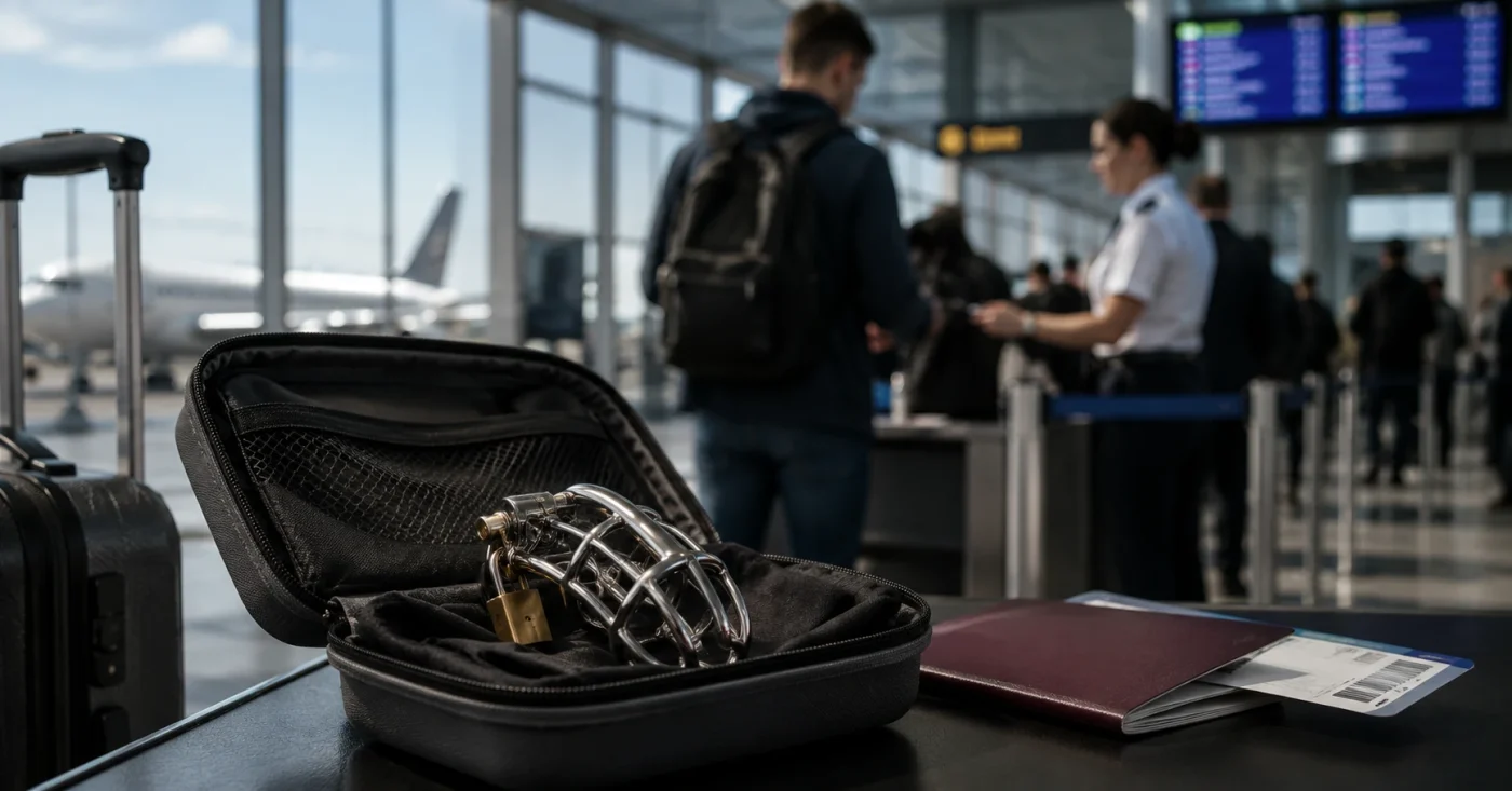 Cage de chasteté métallique rangée dans un bagage avant un contrôle de sécurité à l’aéroport