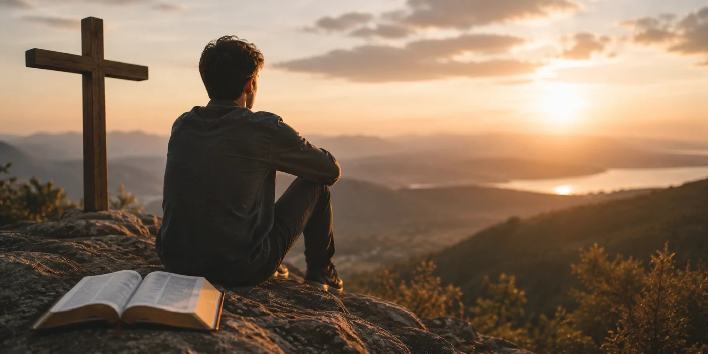 Illustration représentant l’importance du corps selon la Bible avec une personne en contemplation devant une croix et une Bible ouverte, symbolisant la dignité humaine, la foi chrétienne et la maîtrise de soi.