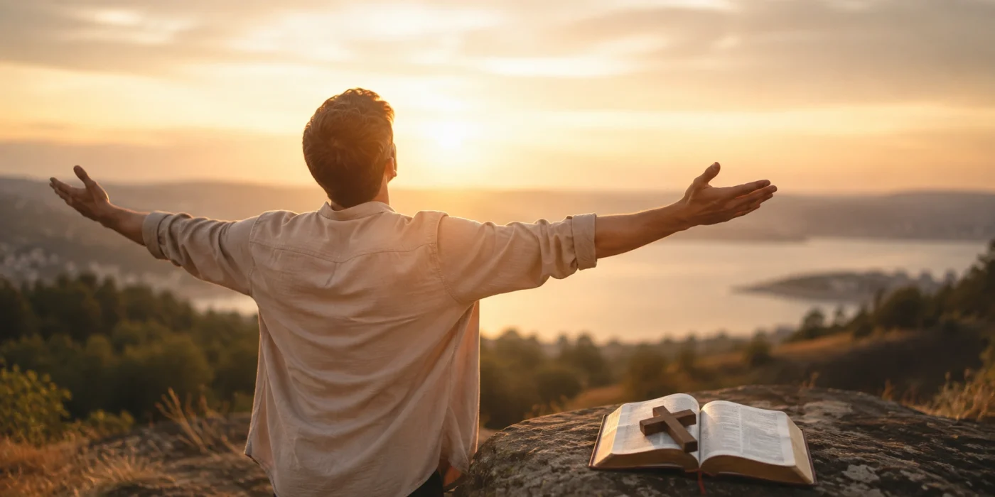 Illustration représentant l’importance du corps selon la Bible avec une personne en contemplation devant un paysage, une Bible ouverte et une croix, symbolisant la dignité du corps et la foi chrétienne.